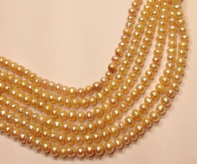 Freshwater Pearl A-AA round potato pearl yellow and champagne pearl--5-6mm Full Strand15" strand #RS2020