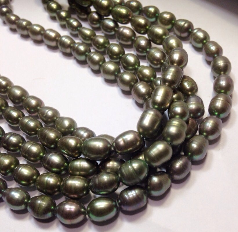 AA 6-7mm X 7-9mm Rice Oval Pearl Freshwater Pearl teal green pearl beads----15" full strand 45pc loose pearl #DR3015