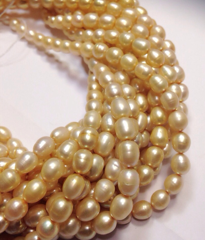 AA 6-7mm X 7-9mm Rice Pearl Oval Pearl Freshwater Pearl Yellow Champagne pearl---15 inches full strand 45pc #DR3018