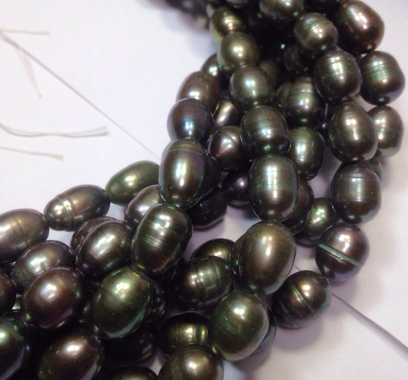 AA 9X11mm Rice Pearl Baroque Pearl Freshwater Pearl teal green pearl beads----15" full strand 36 pc #DR3023