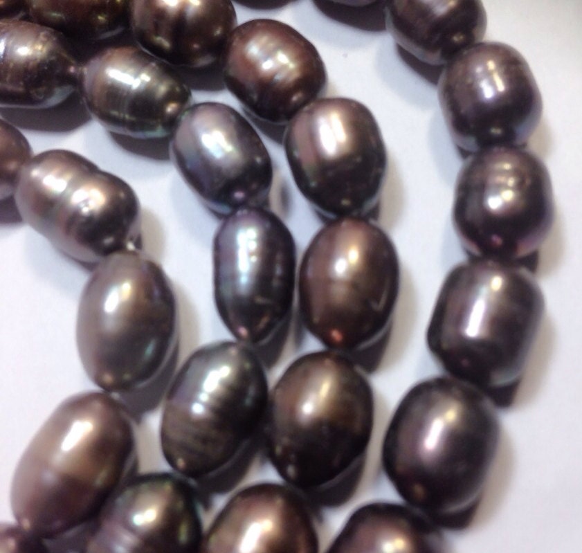 AA 9X11mm Rice Baroque Pearl, oval Freshwater Pearl peacock black deep grey pearl beads--15" full strand 36 pc #DR3026