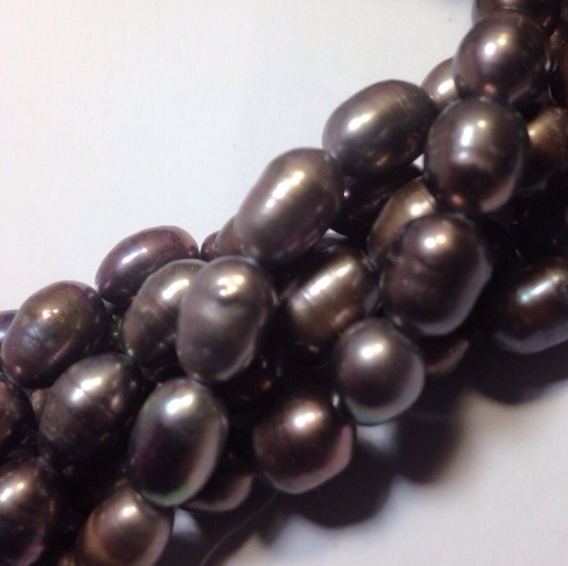 AA 9X11mm Rice Baroque Pearl, oval Freshwater Pearl peacock black deep grey pearl beads--15" full strand 36 pc #DR3026