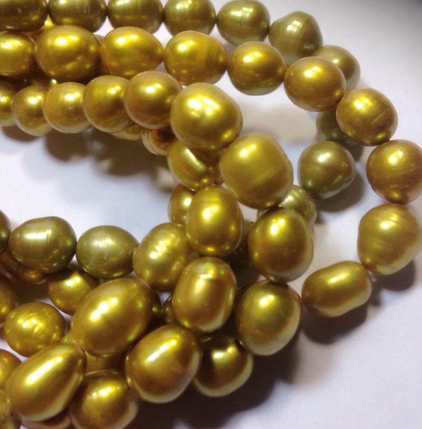 AA 9X11mm Rice Pearl Baroque Pearl, oval baroque Freshwater Pearl olive green Mint pearl beads--16" full strand 36 pc #DR3027