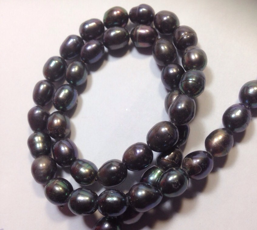 AA+ 6-7mm X 7-9mmRice Pearl Freshwater Pearl peacock blue black, Dark navy ink blue pearl beads, 15" full strand 45pc #DR3013