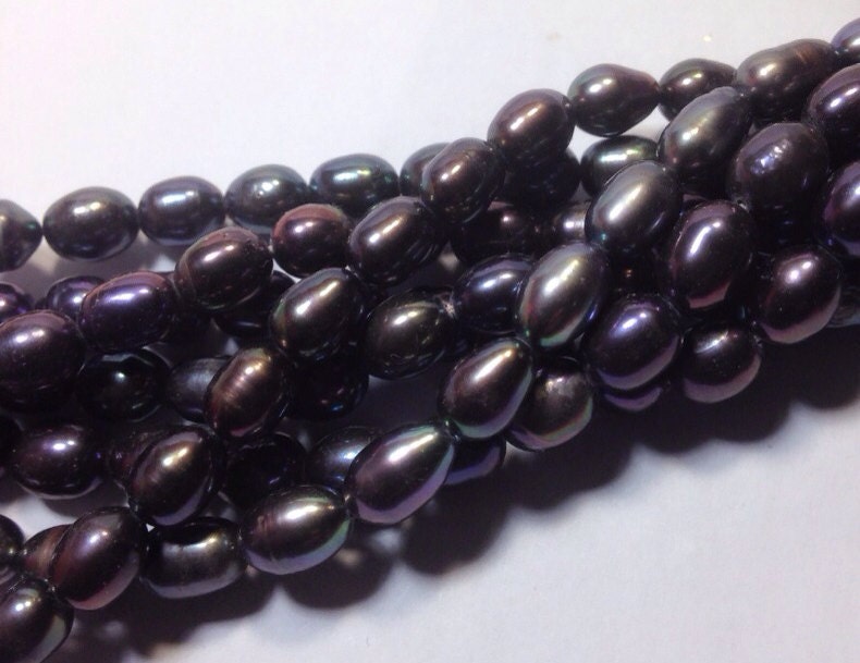 AA+ 6-7mm X 7-9mmRice Pearl Freshwater Pearl peacock blue black, Dark navy ink blue pearl beads, 15" full strand 45pc #DR3013