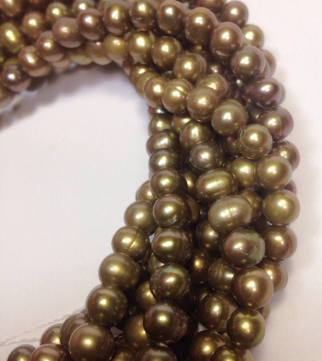 AA+ 6-7mm round potato Freshwater Pearl--Full Strand15" strand 65pc olive green loose pearl beads #RS2032