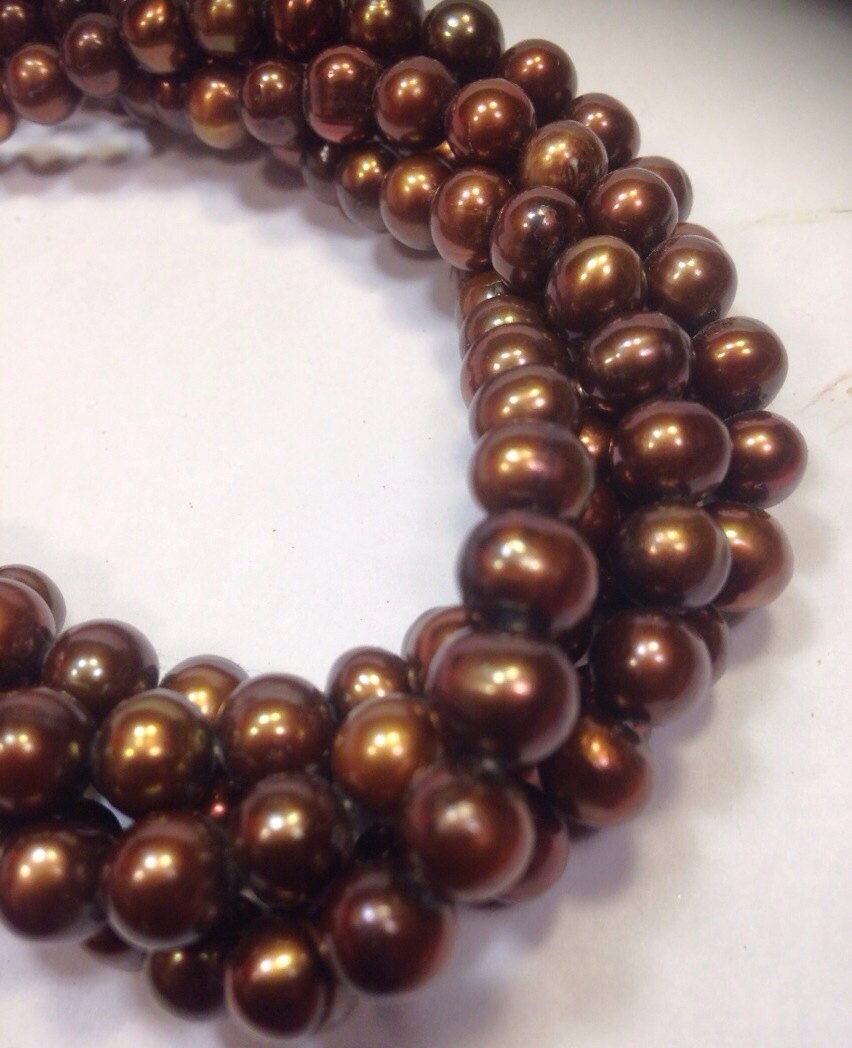 7-8mm AA stunning Dark brown round potato pearl Freshwater Pearl --full strand chocolate pearl 15" 56+ pcs #RS2042
