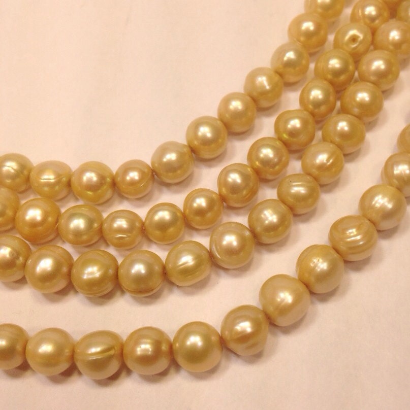 7-8mm golden Freshwater Pearl stunning yellow champagne round potato pearl--full strand pearl 16" 56+pcs  loose pearl beads #2045
