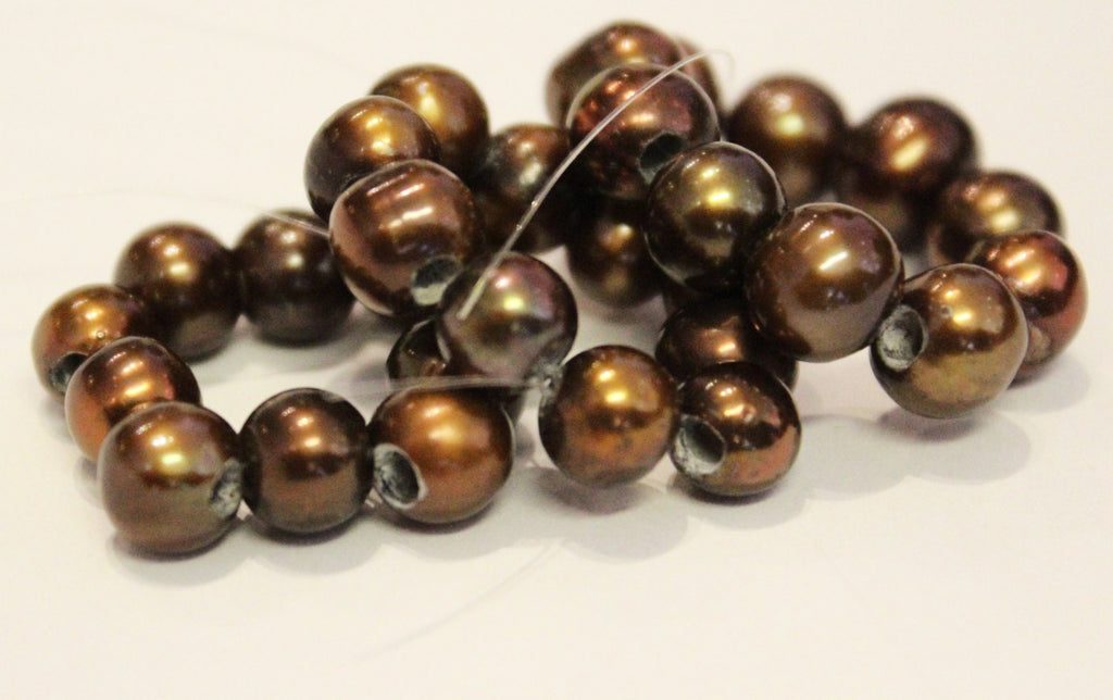Large Hole Pearl Round Pearl Freshwater Pearl dark brown AA 7-8mm with 2.5mm hole beads--10 pc high quality  #LH80075