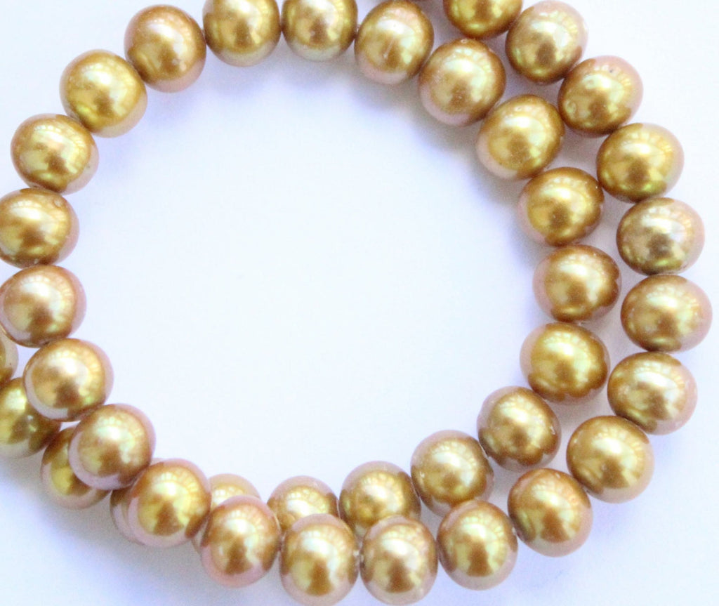 Freshwater Pearl Golden olive color---7.5-8mm AAA round potato half strand 7.5"--25pcs #RP1010
