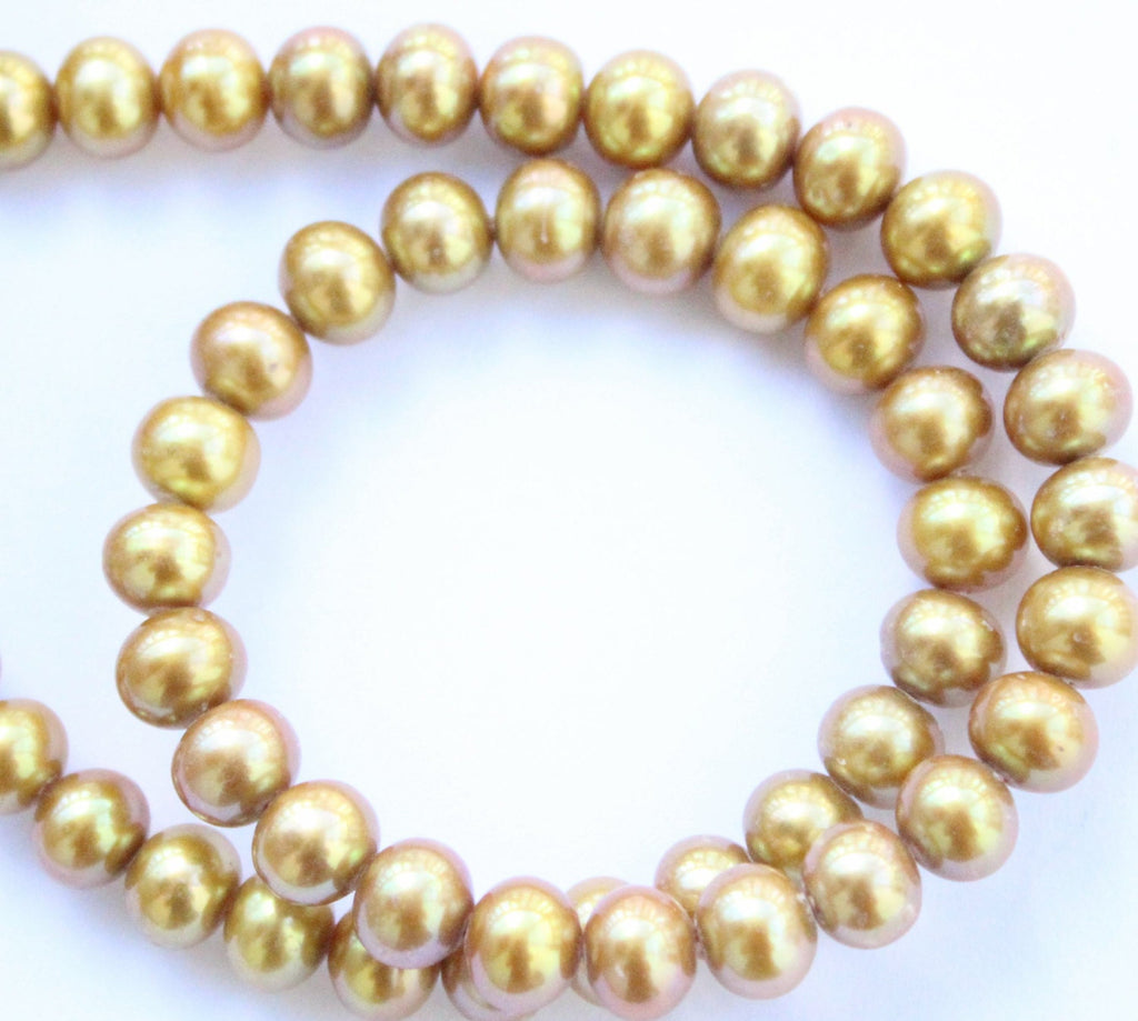 Freshwater Pearl Golden olive color---7.5-8mm AAA round potato half strand 7.5"--25pcs #RP1010