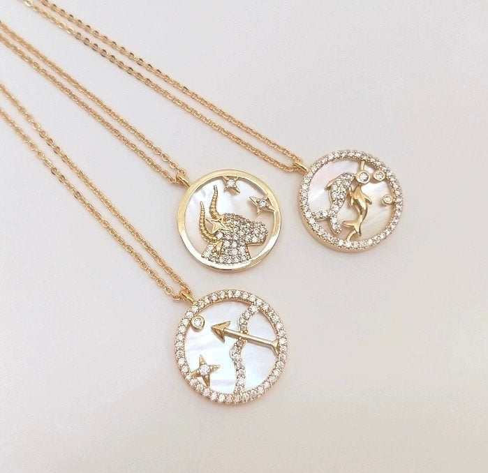 14k Gold plated constellation charm, mother of pearl zodiac charm, pave zodiac pedant, paved CZ sign charms for necklace  #FDC020 NEW