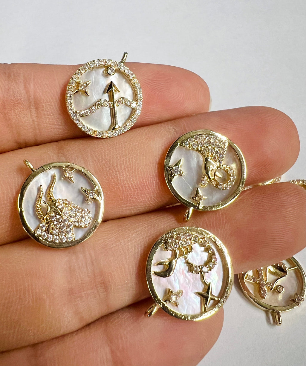 14k Gold plated constellation charm, mother of pearl zodiac charm, pave zodiac pedant, paved CZ sign charms for necklace  #FDC020 NEW