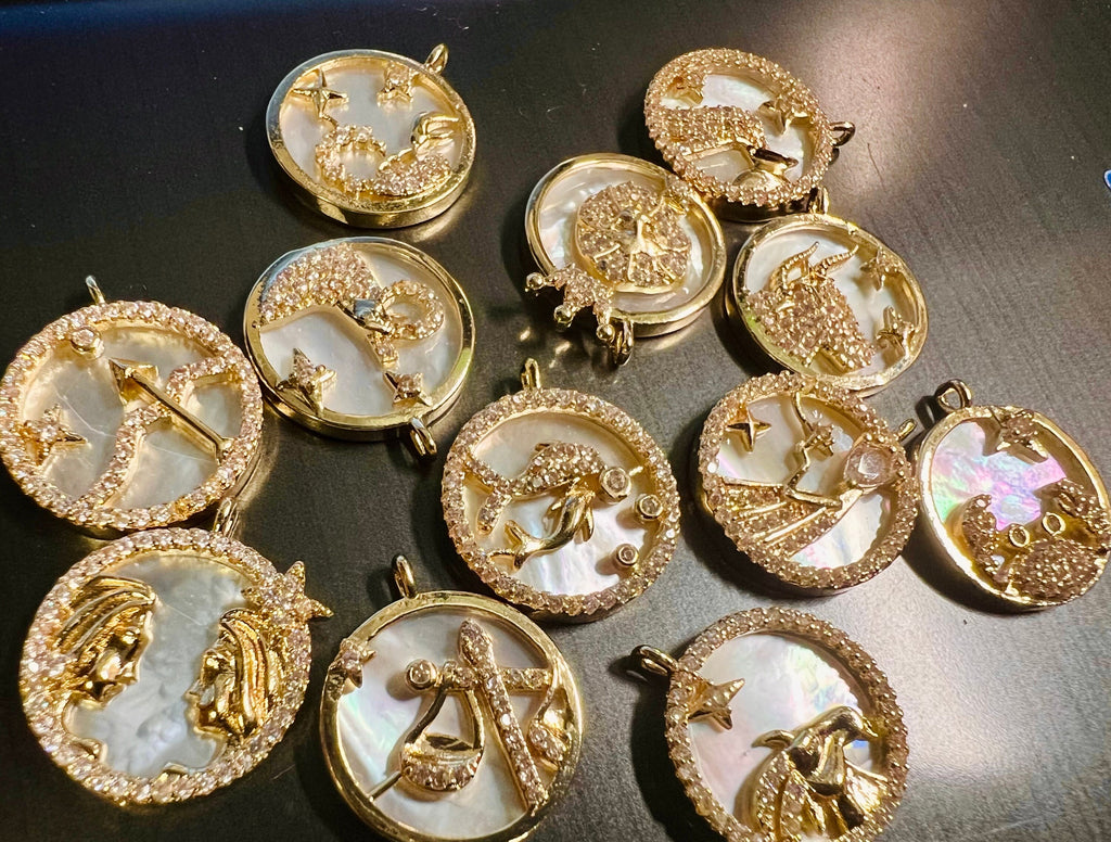 14k Gold plated constellation charm, mother of pearl zodiac charm, pave zodiac pedant, paved CZ sign charms for necklace  #FDC020 NEW