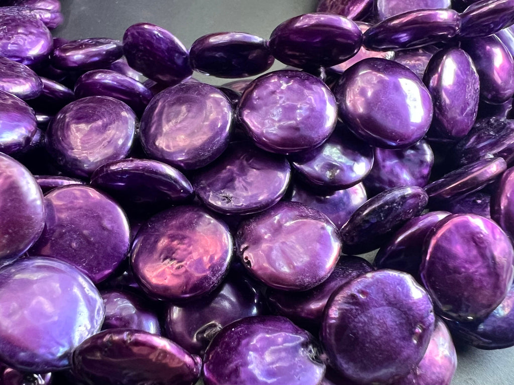 NEW AA Large 14-15mm Coin Pearl, 15" full strand 26pc or 6pc short strand , stunning Purple metallic tone Genuine coin pearl, pairs, KC3060