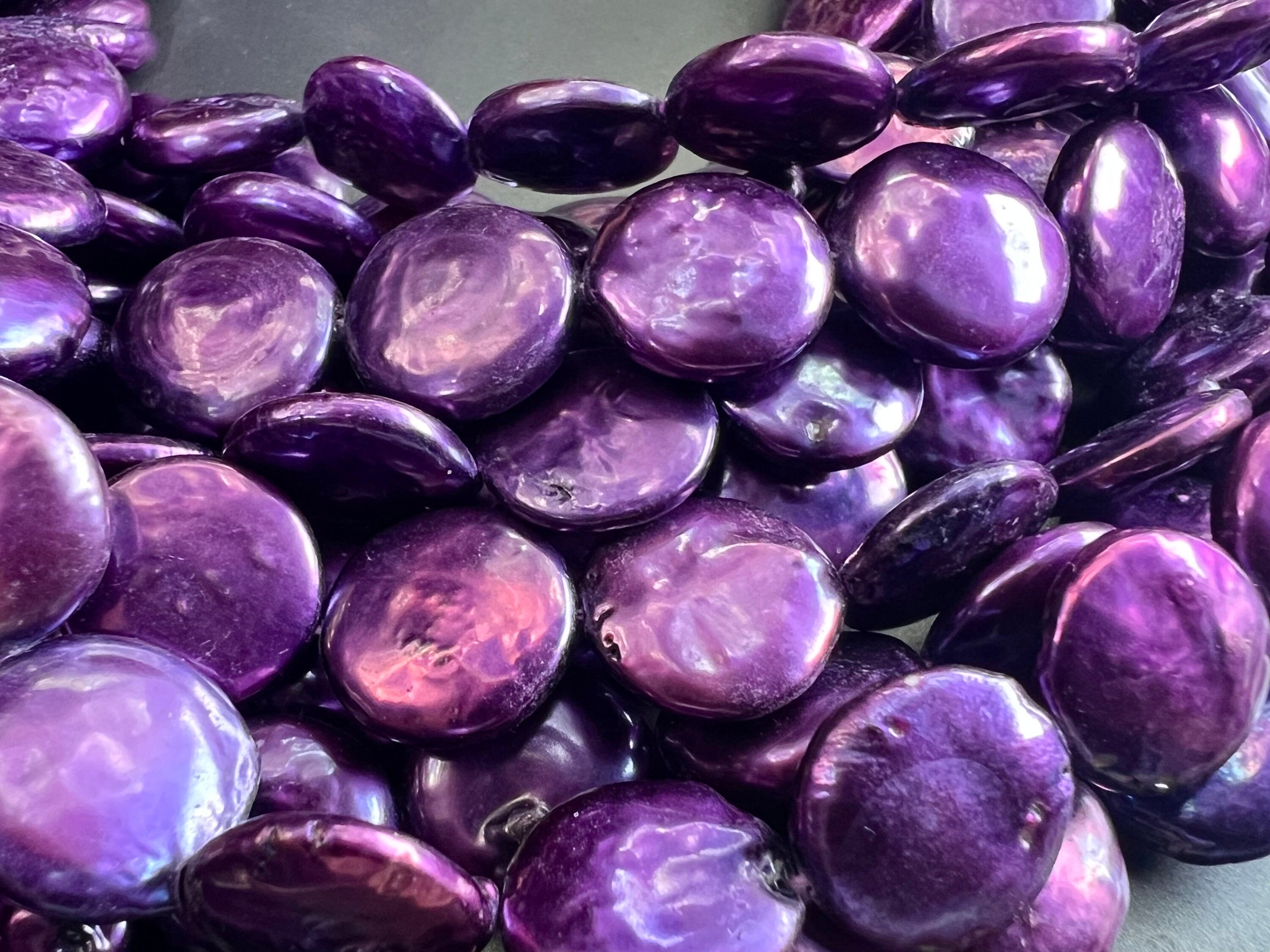 NEW AA Large 14-15mm Coin Pearl, 15" full strand 26pc or 6pc short strand , stunning Purple metallic tone Genuine coin pearl, pairs, KC3060