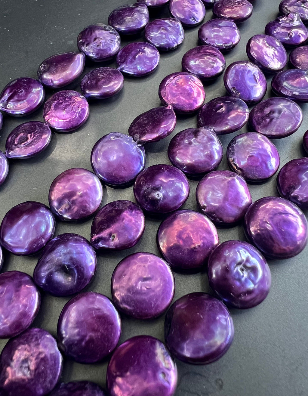 NEW AA Large 14-15mm Coin Pearl, 15" full strand 26pc or 6pc short strand , stunning Purple metallic tone Genuine coin pearl, pairs, KC3060