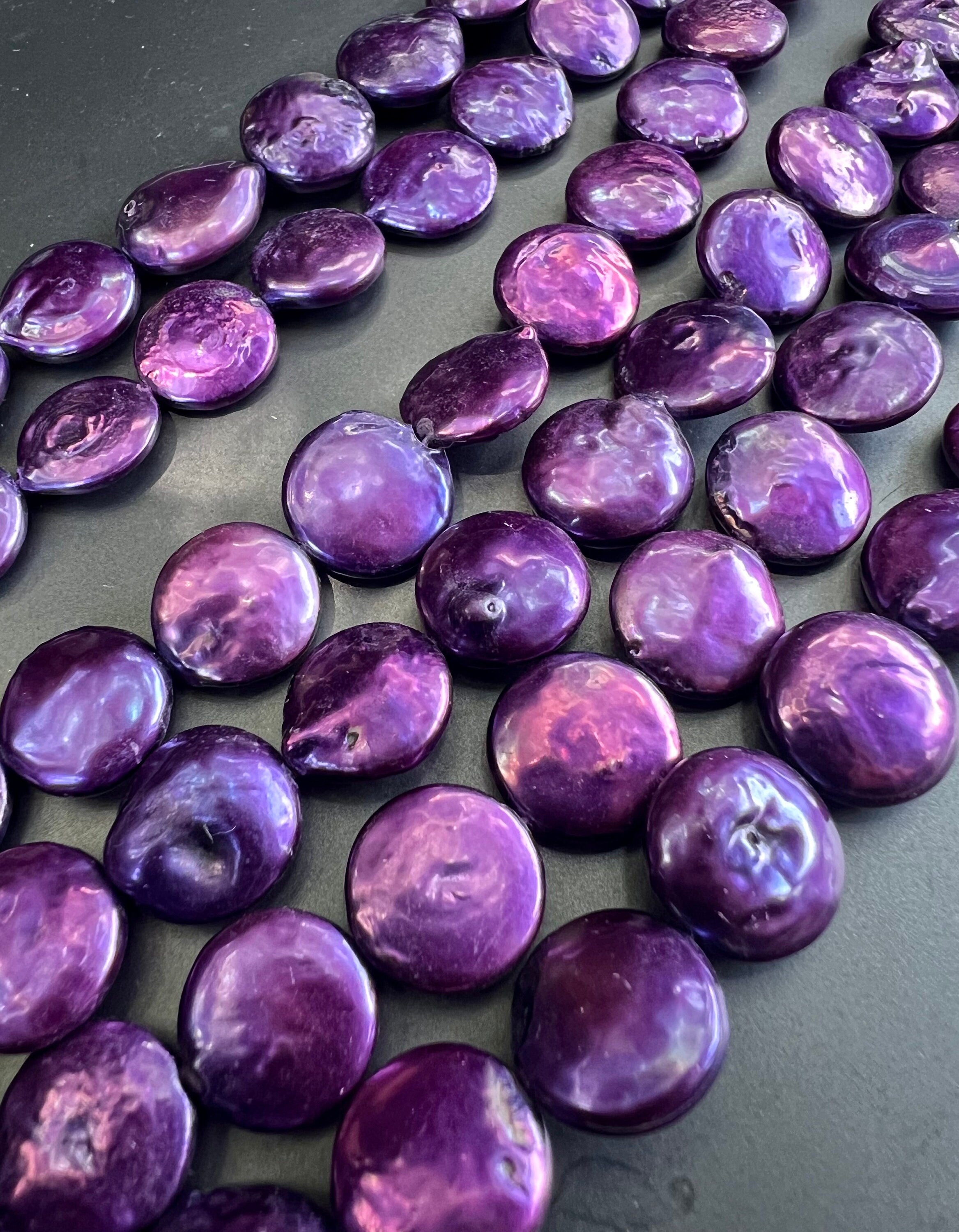 NEW AA Large 14-15mm Coin Pearl, 15" full strand 26pc or 6pc short strand , stunning Purple metallic tone Genuine coin pearl, pairs, KC3060