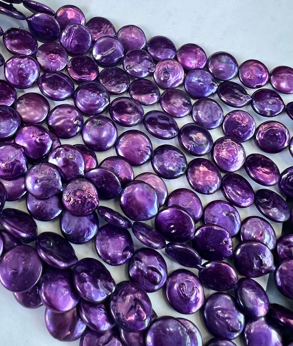 NEW AA Large 14-15mm Coin Pearl, 15" full strand 26pc or 6pc short strand , stunning Purple metallic tone Genuine coin pearl, pairs, KC3060