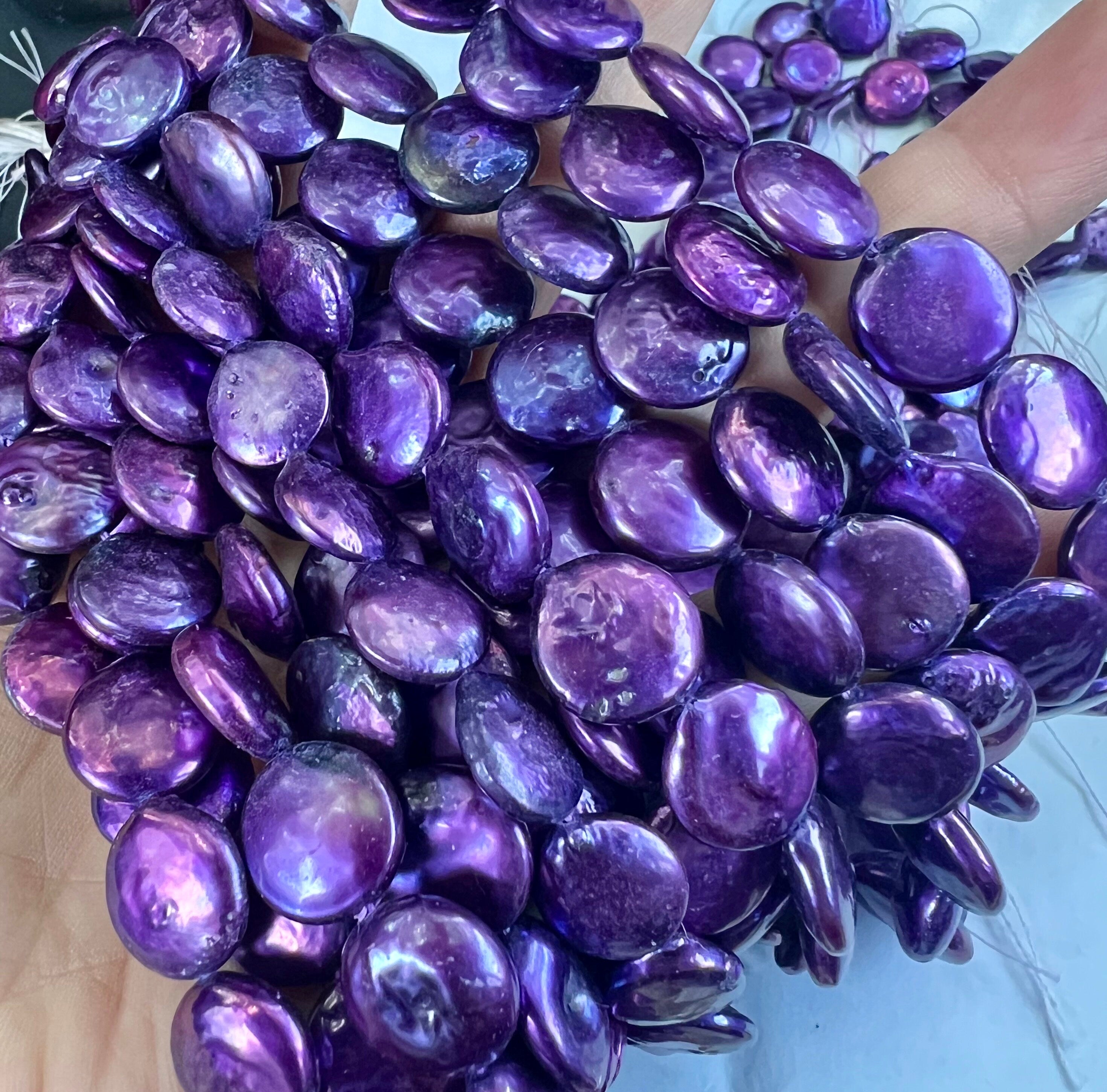 NEW AA Large 14-15mm Coin Pearl, 15" full strand 26pc or 6pc short strand , stunning Purple metallic tone Genuine coin pearl, pairs, KC3060