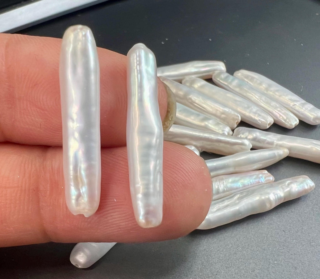 Rare AAA 2Pc, 24-28mm X5-6mm long stick Biwa Pearl Beads, skinny Ivory White baroque biwa stick, through drill, for designer #KC5047 New DIY