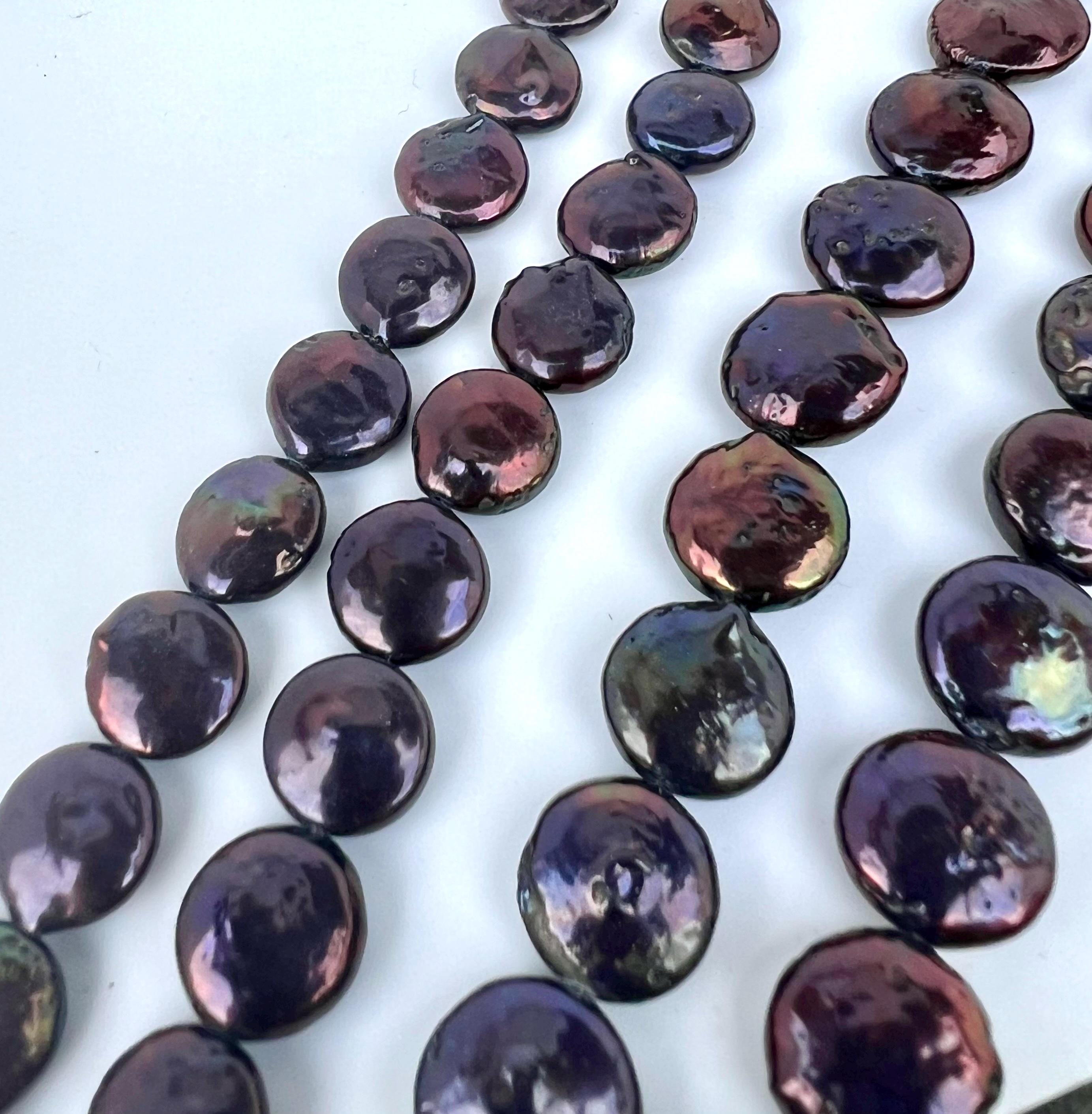 AA+ 11-12mm 12-13mm hot peacock blue Coin Pearl, 15" full strand 32~35pc, Rainbow Peacock with metallic tone Genuine coin pearl, KC3046 NEW