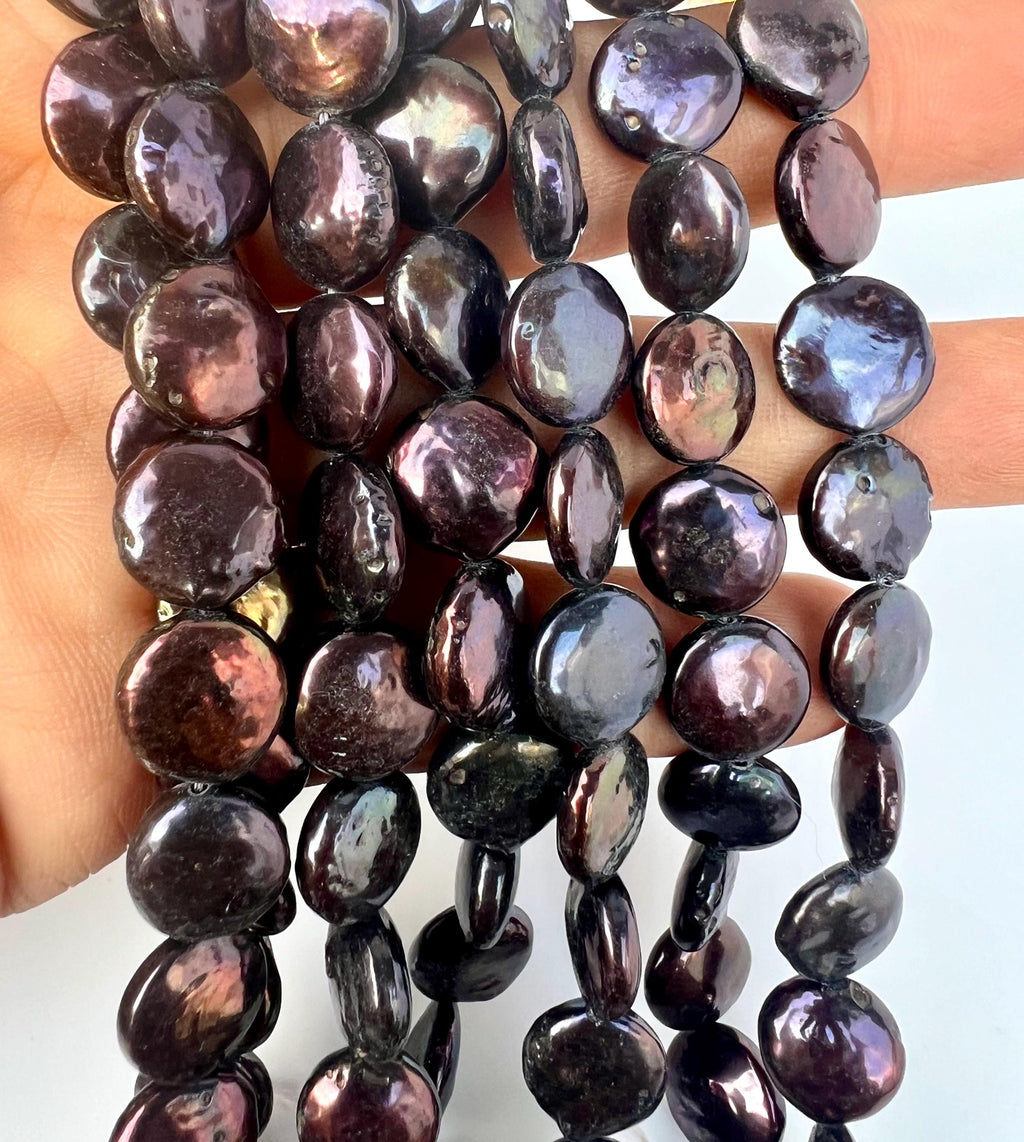 AA+ 11-12mm 12-13mm hot peacock blue Coin Pearl, 15" full strand 32~35pc, Rainbow Peacock with metallic tone Genuine coin pearl, KC3046 NEW