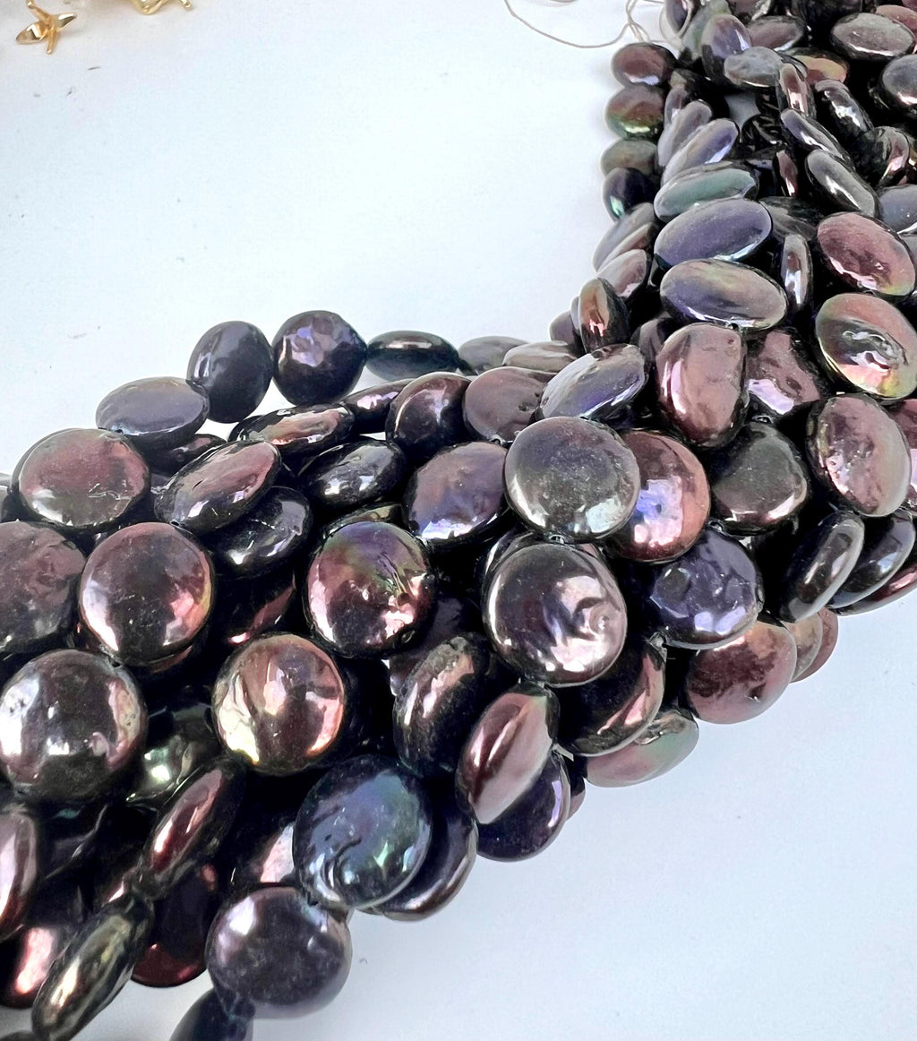 AA+ 11-12mm 12-13mm hot peacock blue Coin Pearl, 15" full strand 32~35pc, Rainbow Peacock with metallic tone Genuine coin pearl, KC3046 NEW