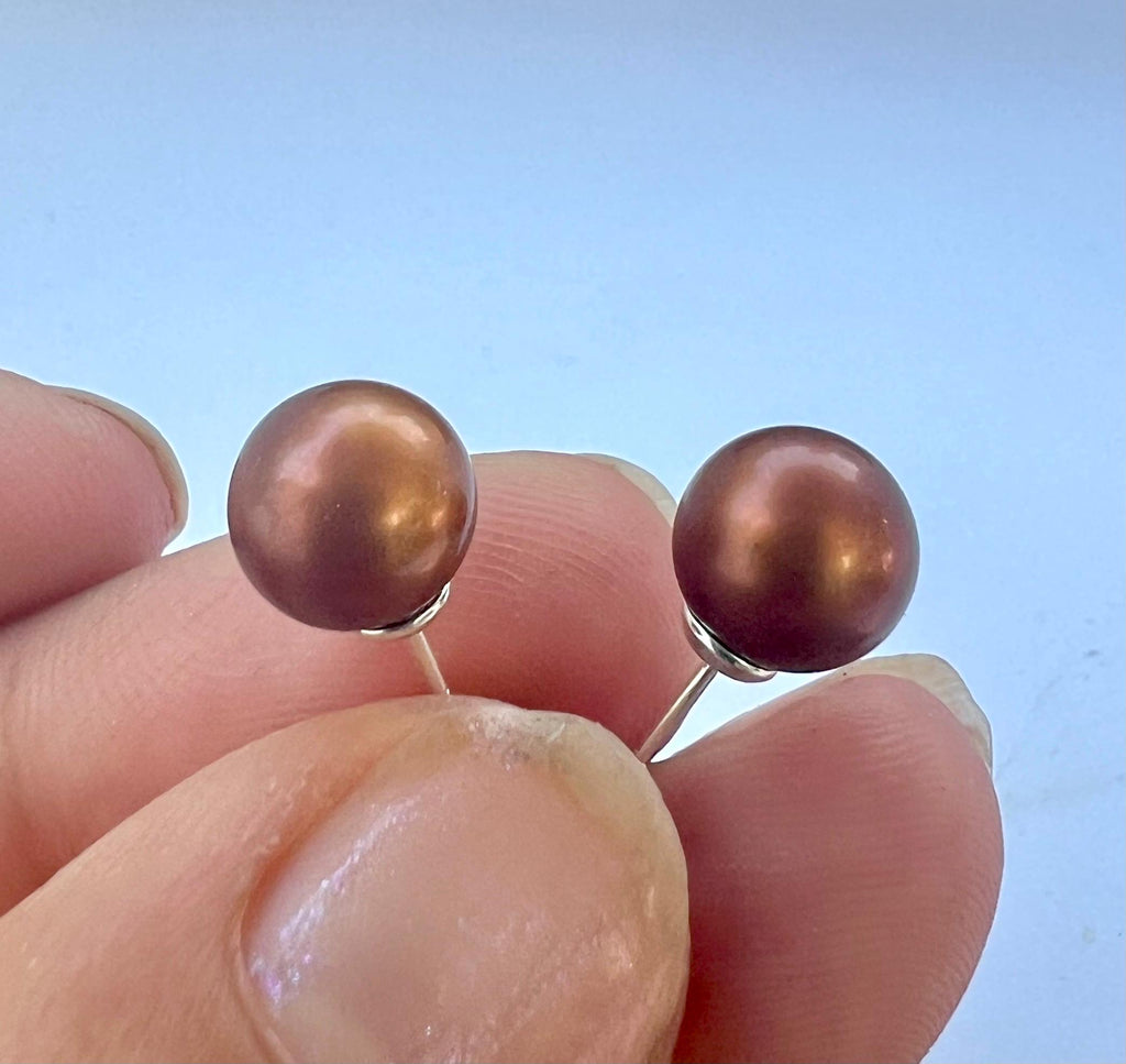 Brown 6.5-8.5mm Gem AAAA quality perfect round pair stunning brown pearls matched genuine pearl, half drilled for earring pendant New
