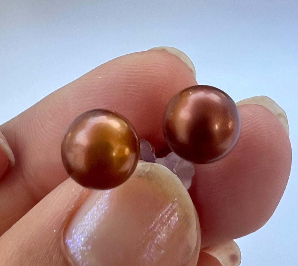 Brown 6.5-8.5mm Gem AAAA quality perfect round pair stunning brown pearls matched genuine pearl, half drilled for earring pendant New