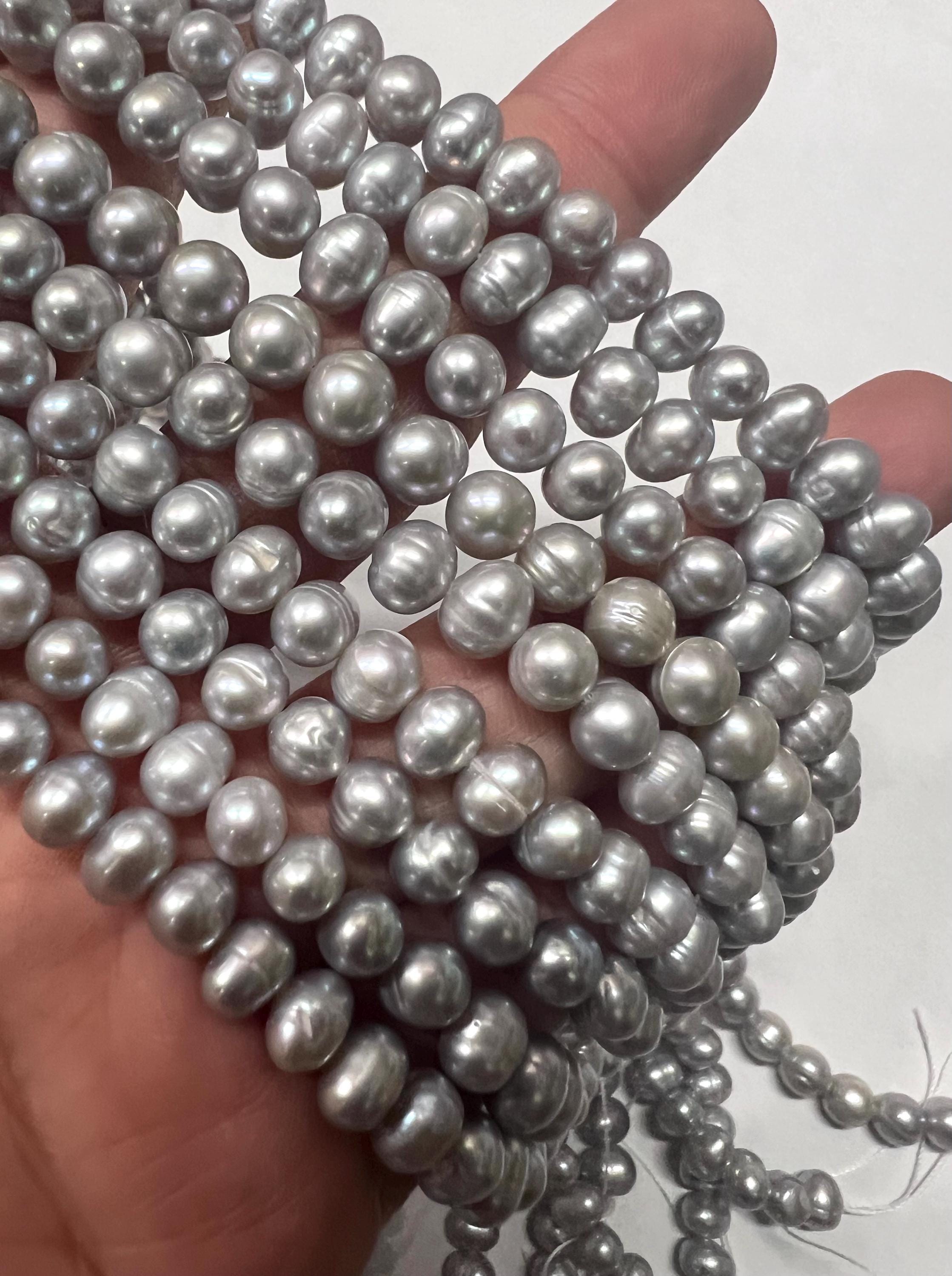 6-7mm Grey Freshwater Pearl 15" Full Strand 65pc+ round potato pearls, silver light grey loose pearl beads-- NEW Arrival Promotion #RS2022