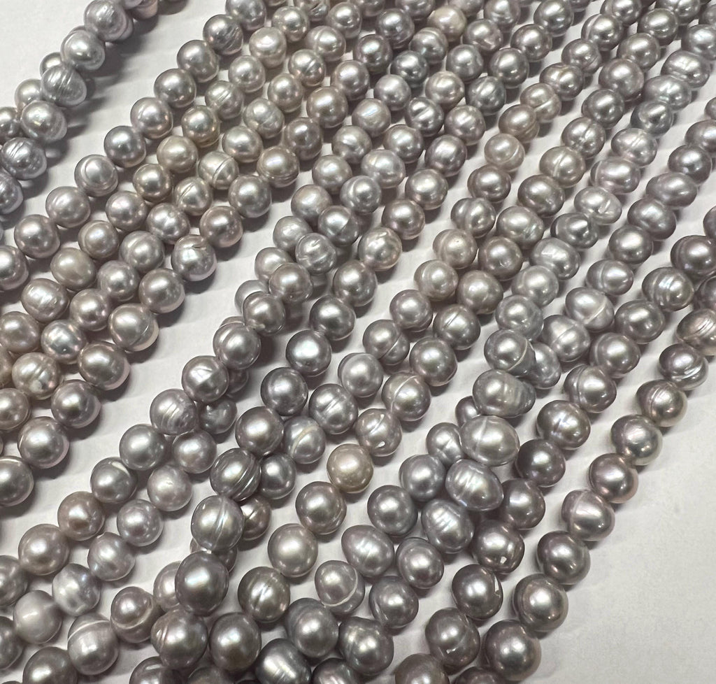 6-7mm Grey Freshwater Pearl 15" Full Strand 65pc+ round potato pearls, silver light grey loose pearl beads-- NEW Arrival Promotion #RS2022