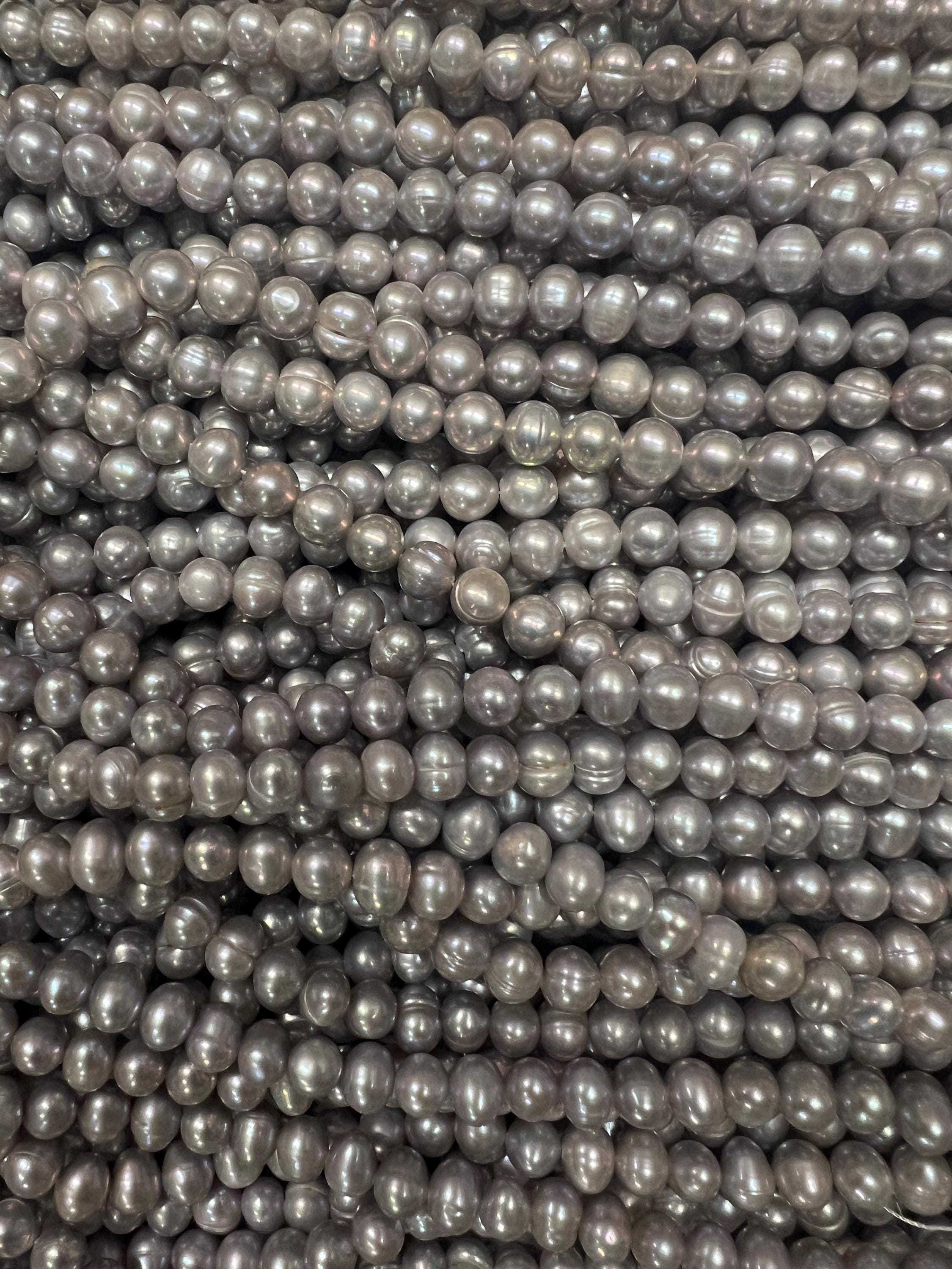 6-7mm Grey Freshwater Pearl 15" Full Strand 65pc+ round potato pearls, silver light grey loose pearl beads-- NEW Arrival Promotion #RS2022