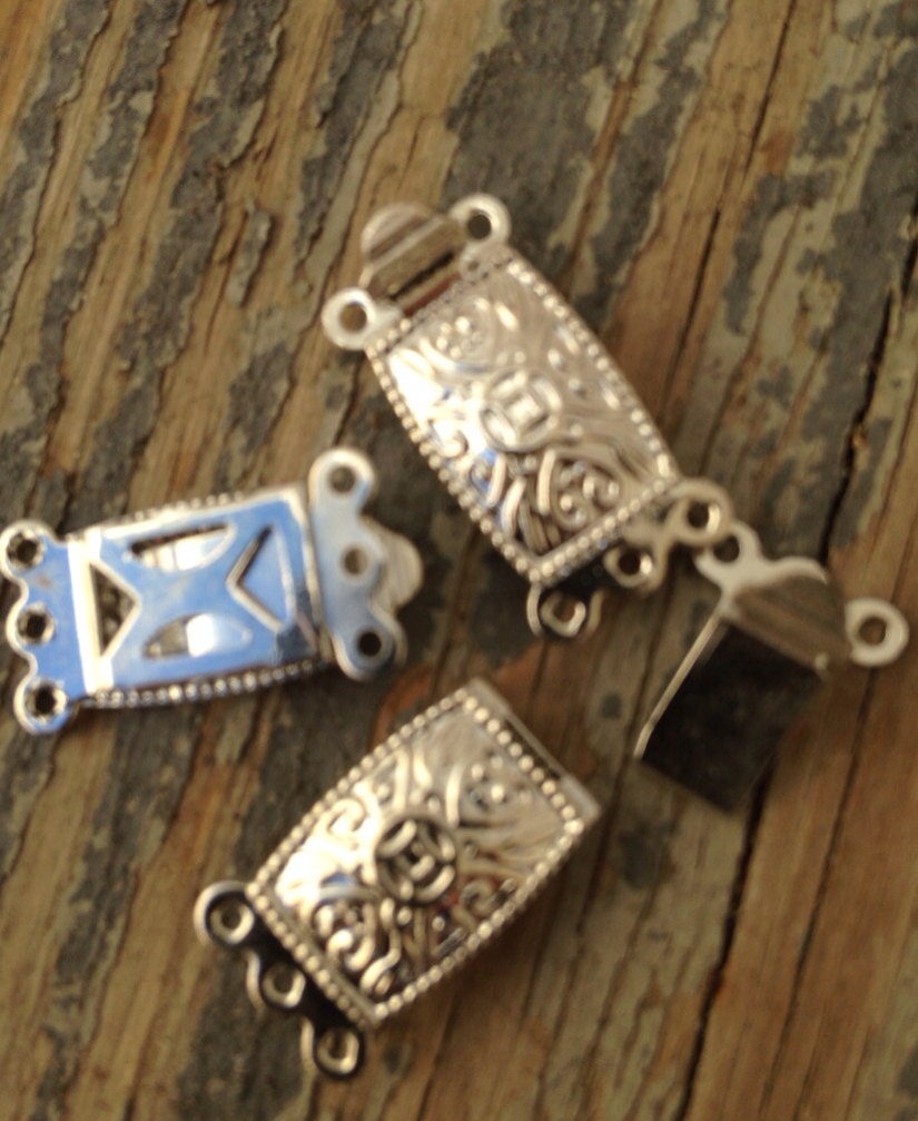 2 sets silver Clasp for Three strands design 18k White Gold Plated Filigree Multi Triple 3 Rows Box Clasps  9x18mm 3/4" pearl clasp #FDC010