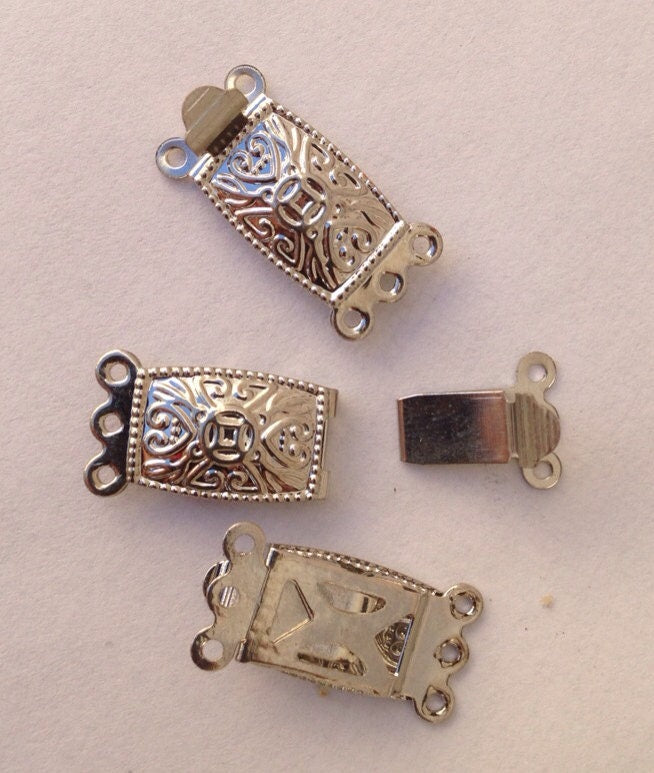 2 sets silver Clasp for Three strands design 18k White Gold Plated Filigree Multi Triple 3 Rows Box Clasps  9x18mm 3/4" pearl clasp #FDC010
