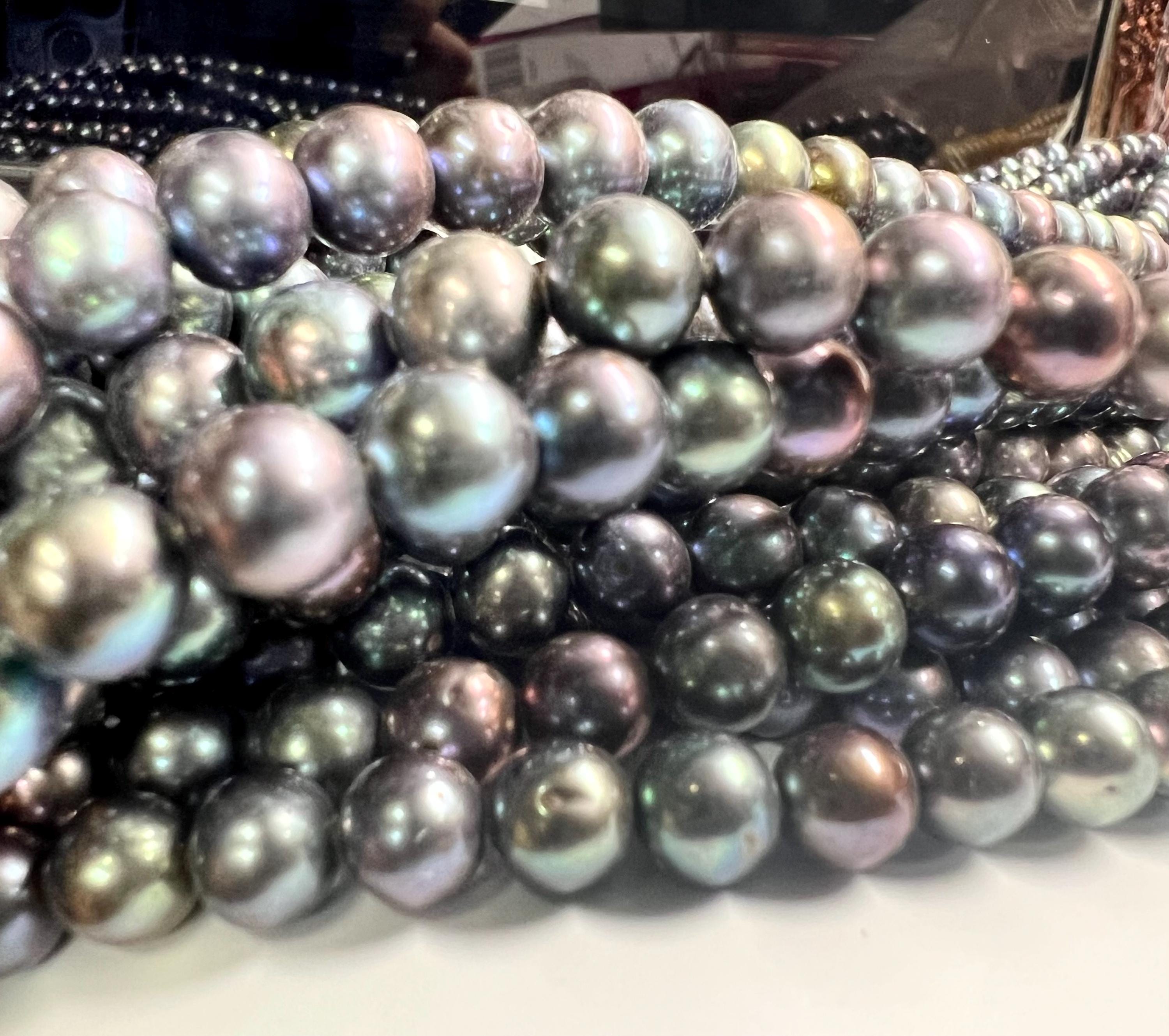 AAA quality 7-8mm Rare metallic Rainbow Peacock Round Freshwater Pearl, Genuine Tahiti Peacock blue Cultured Pearl 15" Strand #RS2107 NEW