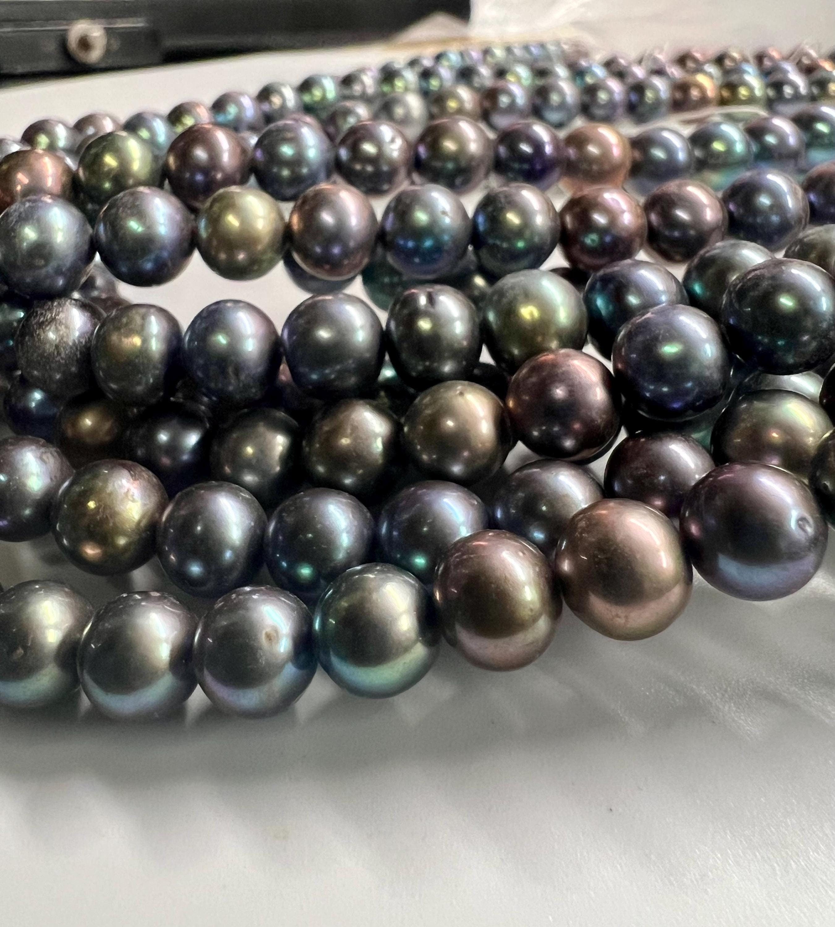 AAA quality 7-8mm Rare metallic Rainbow Peacock Round Freshwater Pearl, Genuine Tahiti Peacock blue Cultured Pearl 15" Strand #RS2107 NEW