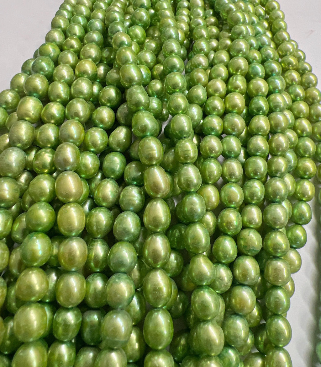 NEW AA 6mmX 7mm short Rice Baroque Pearl Freshwater Pearl Spring color apple green oval pearl beads, 15" full strand 45+pc #DR3051 Sale