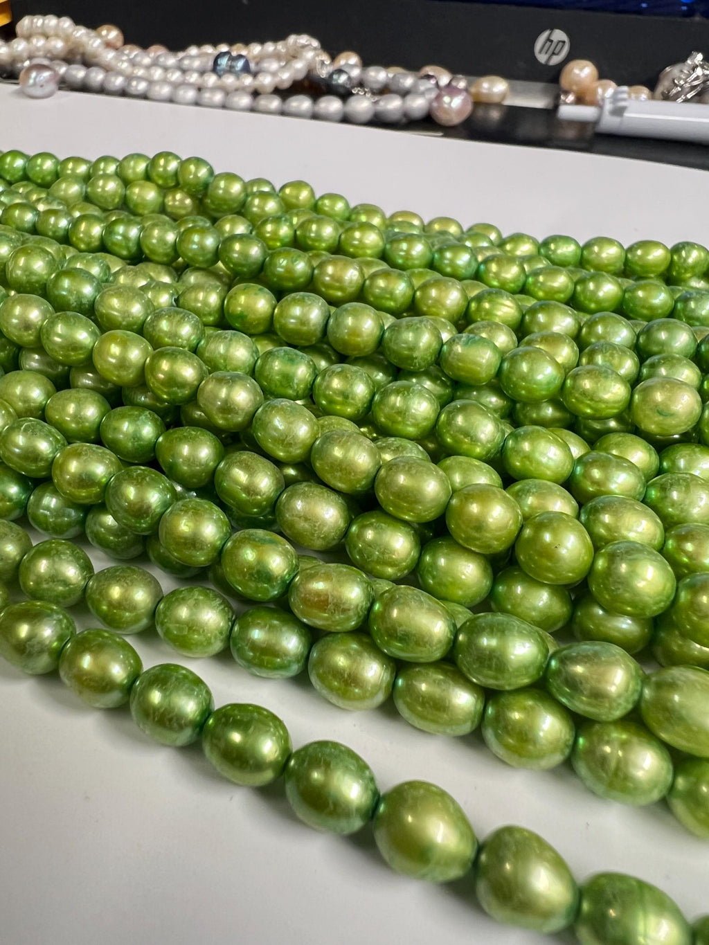 NEW AA 6mmX 7mm short Rice Baroque Pearl Freshwater Pearl Spring color apple green oval pearl beads, 15" full strand 45+pc #DR3051 Sale