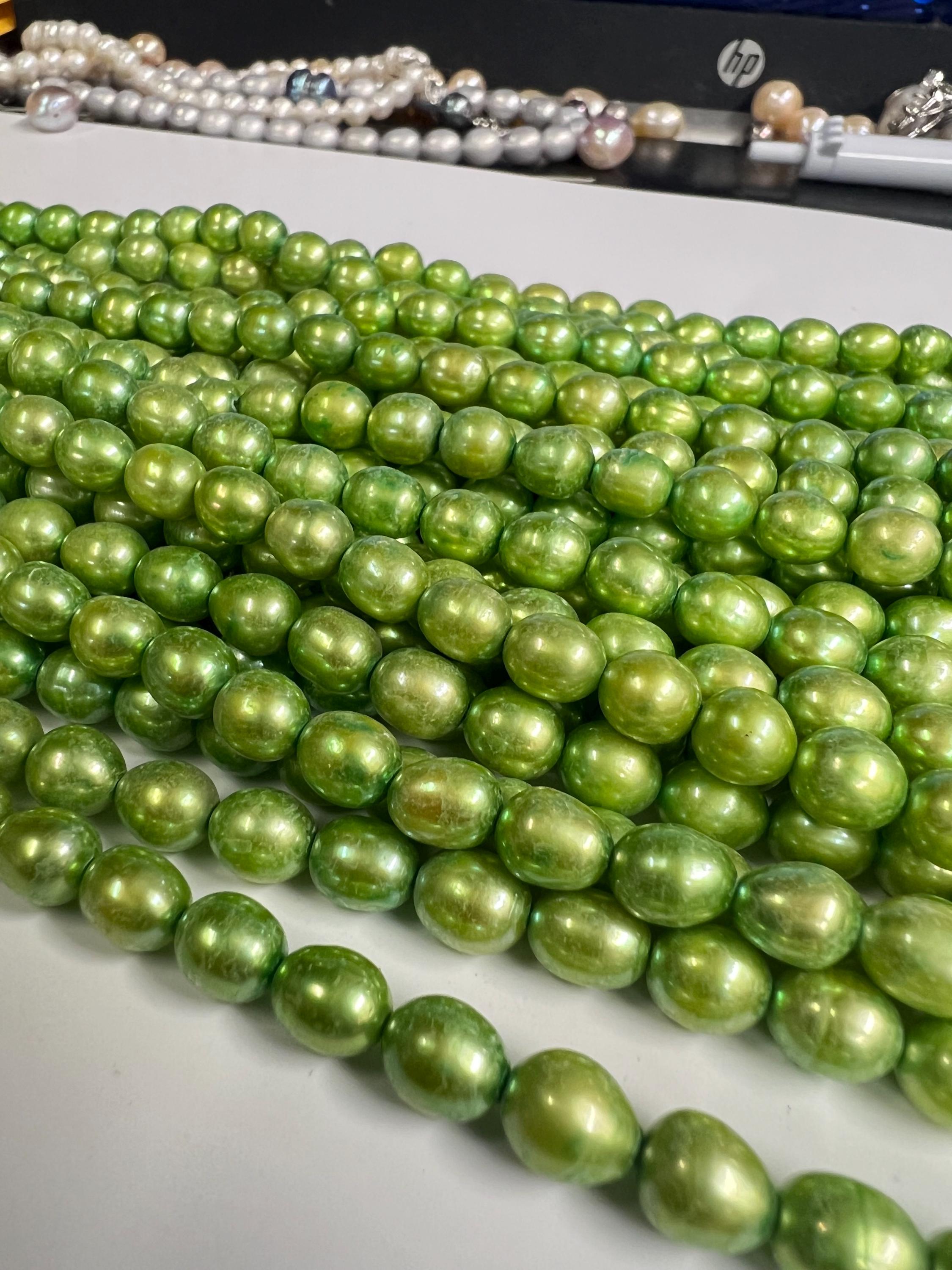 NEW AA 6mmX 7mm short Rice Baroque Pearl Freshwater Pearl Spring color apple green oval pearl beads, 15" full strand 45+pc #DR3051 Sale
