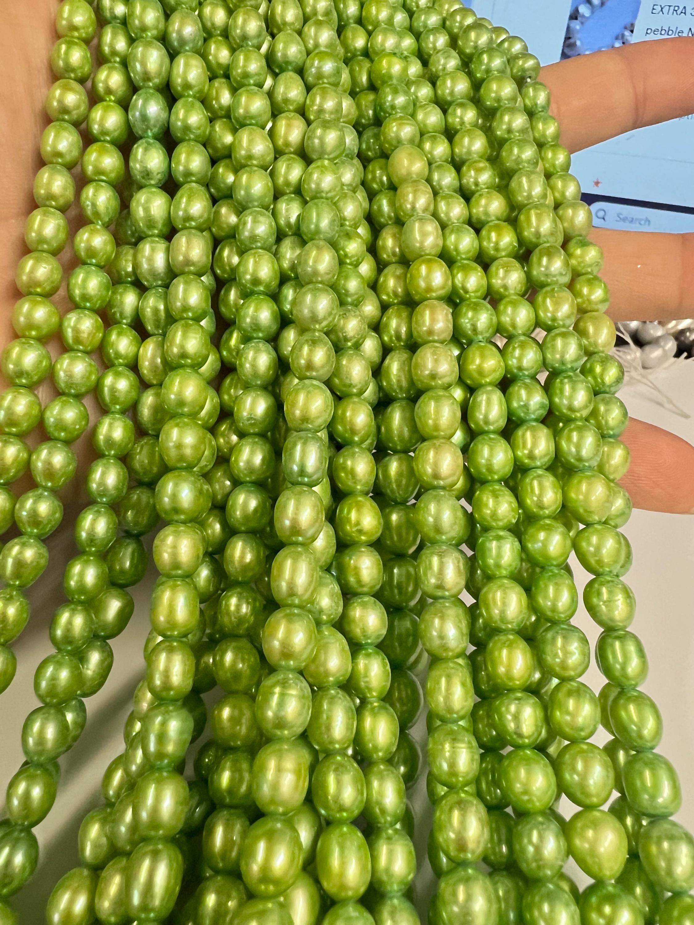 NEW AA 6mmX 7mm short Rice Baroque Pearl Freshwater Pearl Spring color apple green oval pearl beads, 15" full strand 45+pc #DR3051 Sale