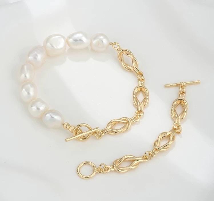 14k Gold plated pearl Bracelet set, baroque pearl gold bracelet chain knot, flexible beading bracelet connection with clasp #FDC021 NEW