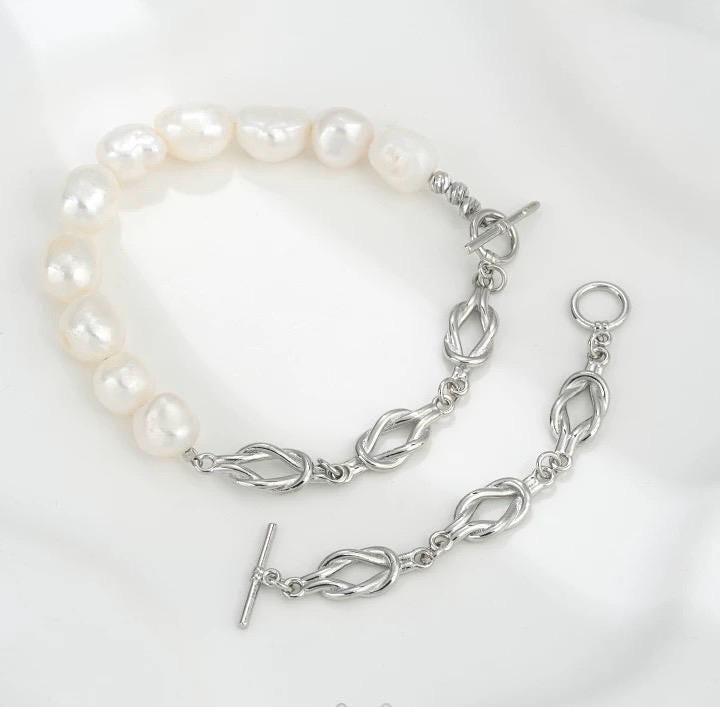 14k Gold plated pearl Bracelet set, baroque pearl gold bracelet chain knot, flexible beading bracelet connection with clasp #FDC021 NEW