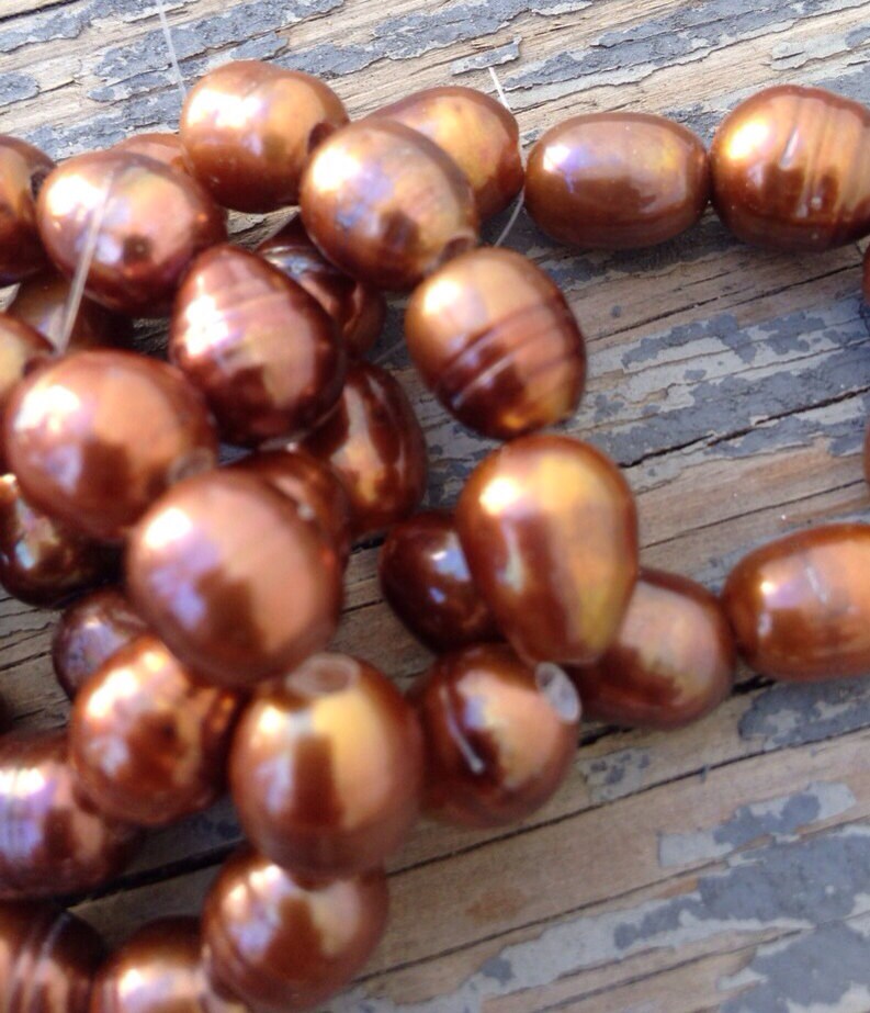 8X 9-10mm Large Hole  Freshwater Pearls 2.5mm golden brown copper color nugget pearl 10 Pc baroque Rice loose Pearl beads wholesale #LH8049