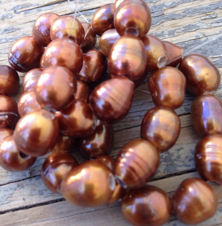 8X 9-10mm Large Hole  Freshwater Pearls 2.5mm golden brown copper color nugget pearl 10 Pc baroque Rice loose Pearl beads wholesale #LH8049