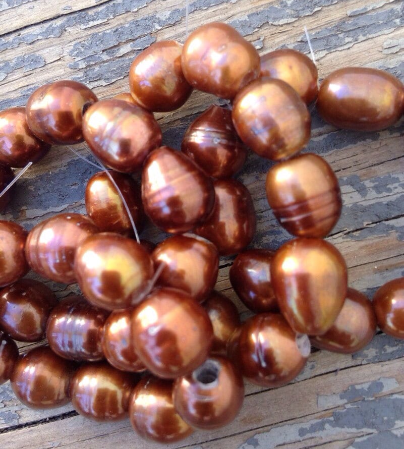 8X 9-10mm Large Hole  Freshwater Pearls 2.5mm golden brown copper color nugget pearl 10 Pc baroque Rice loose Pearl beads wholesale #LH8049