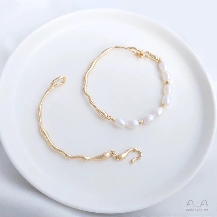 14k Gold plated pearl Bangle set, baroque pearl gold bracelet bar finding, flexible beading bracelet connection with clasp #FDC020 NEW