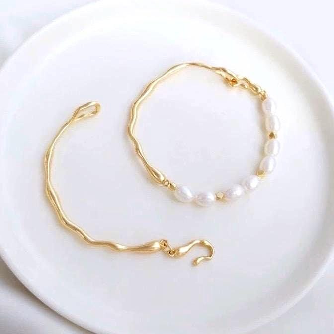 14k Gold plated pearl Bangle set, baroque pearl gold bracelet bar finding, flexible beading bracelet connection with clasp #FDC020 NEW