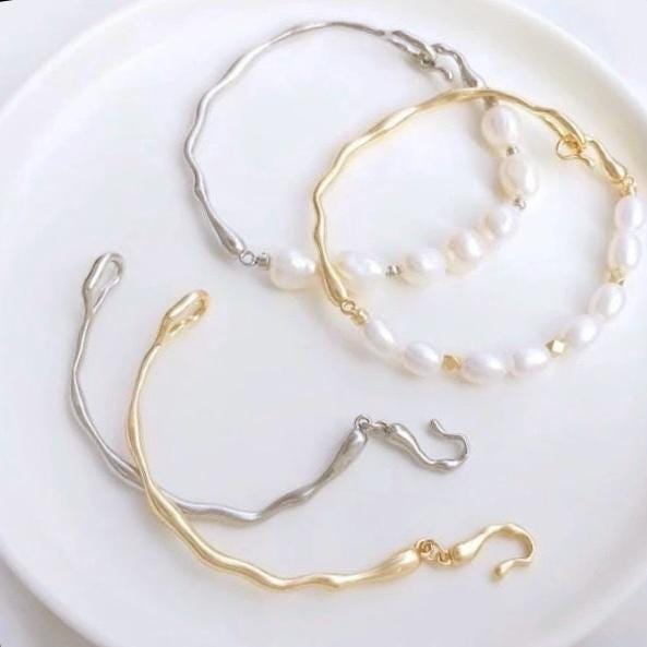14k Gold plated pearl Bangle set, baroque pearl gold bracelet bar finding, flexible beading bracelet connection with clasp #FDC020 NEW