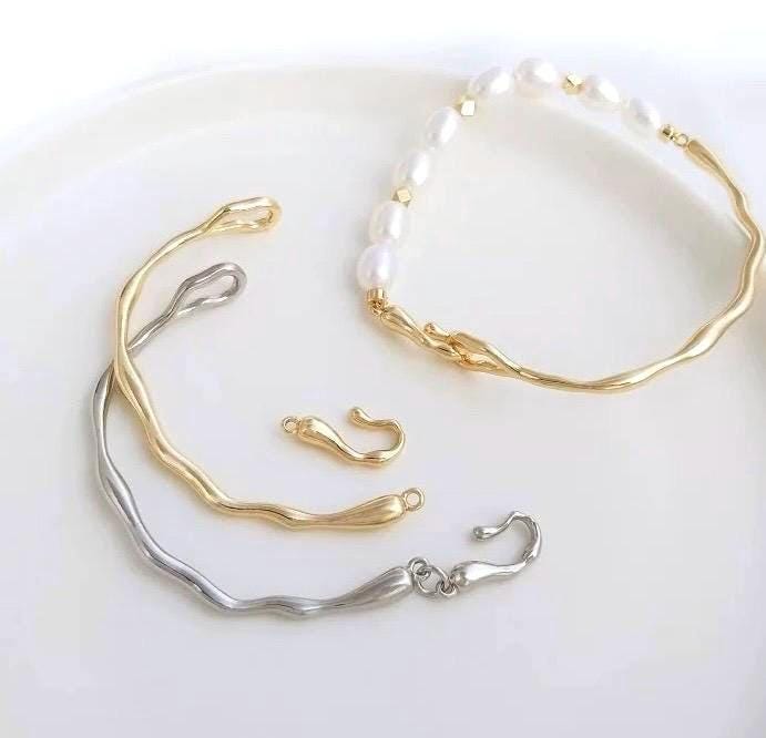 14k Gold plated pearl Bangle set, baroque pearl gold bracelet bar finding, flexible beading bracelet connection with clasp #FDC020 NEW